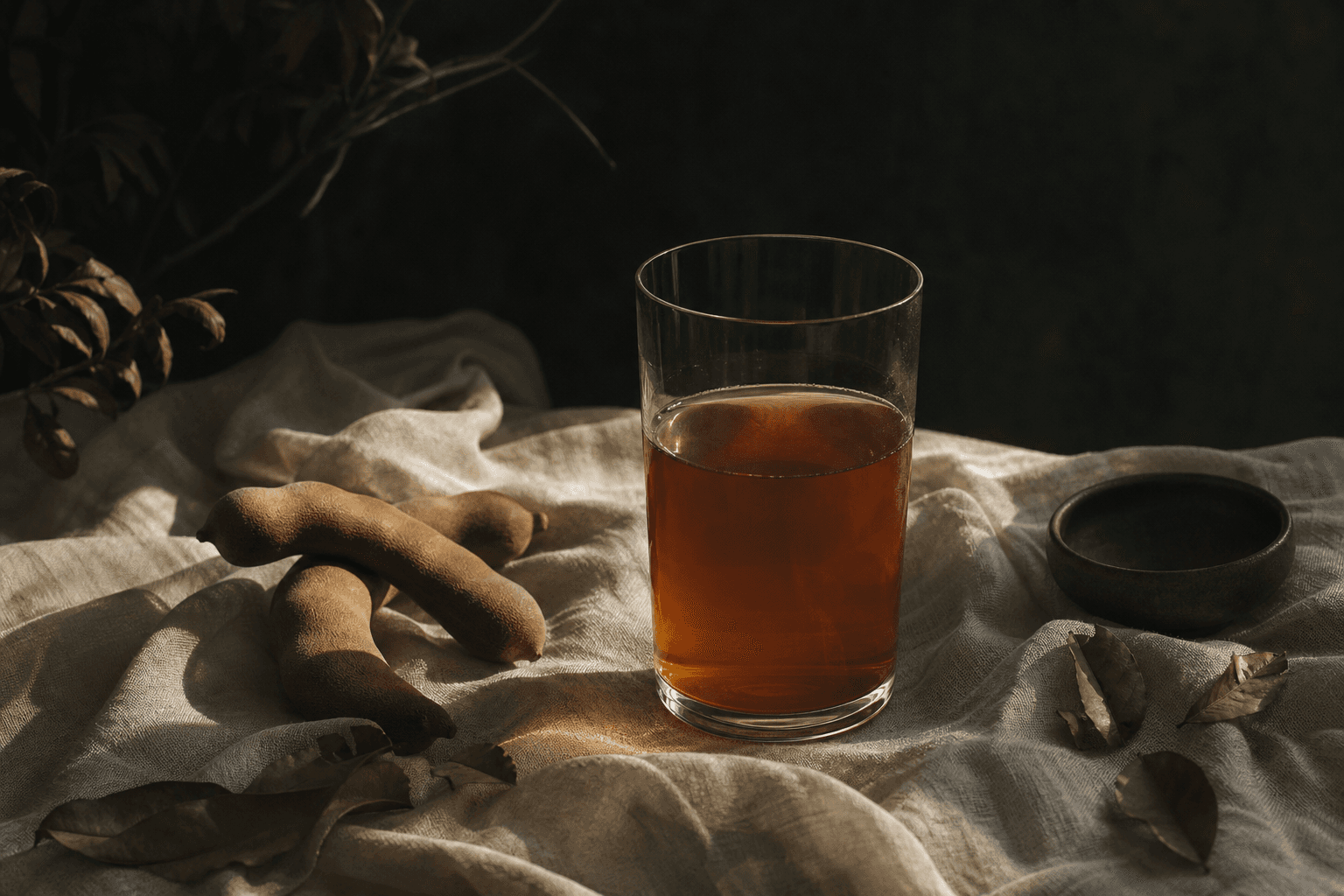 Un verre d’infusion de tamarin ambrée sur un lin froissé, gousses de tamarin et feuilles séchées