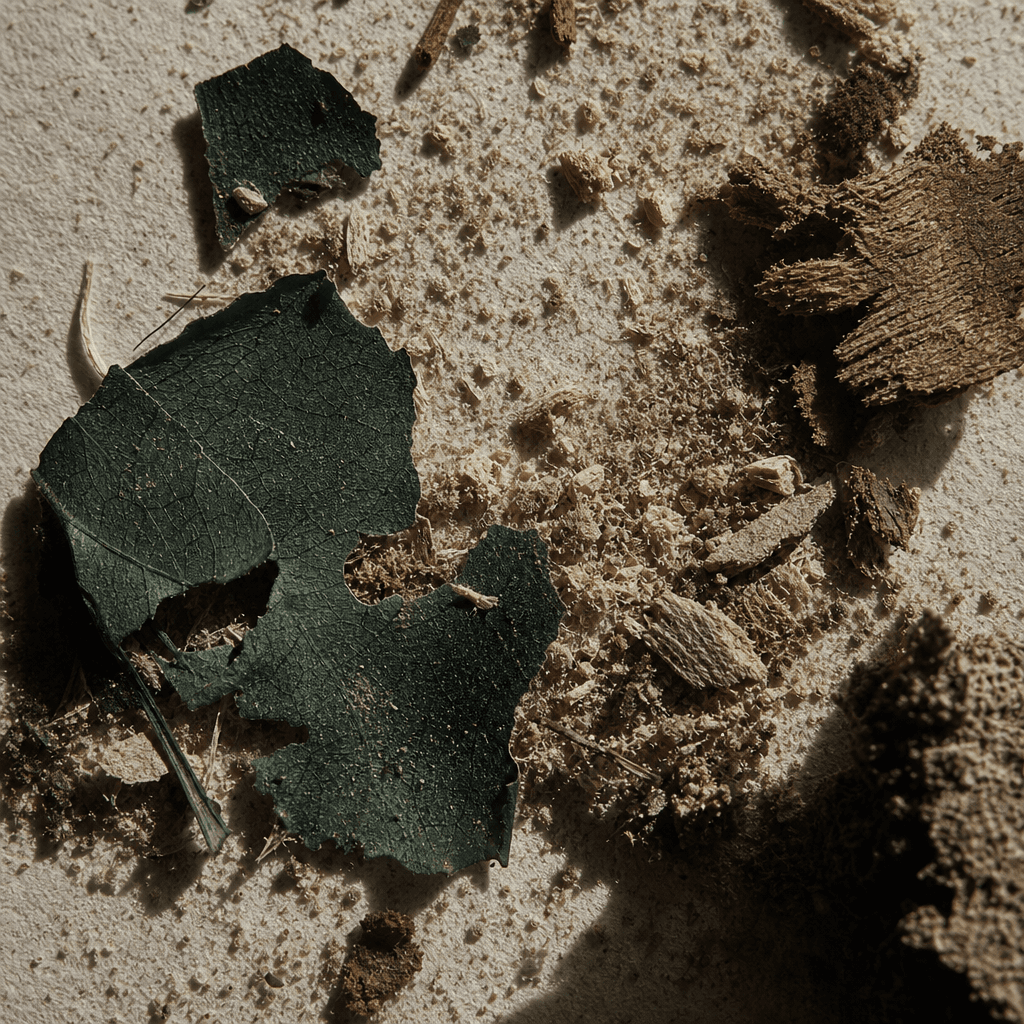 Fragments de feuilles vert sombre, écorce et poudre végétale sur un papier ivoire, lumière rasante