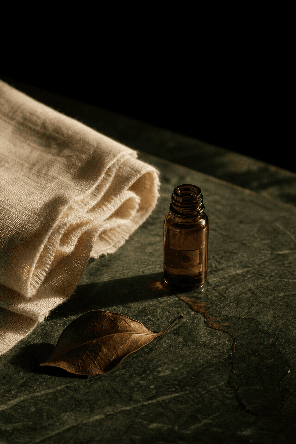 Un petit flacon d’huile ambré et un textile de coton écru sur une pierre vert sombre, une feuille séchée
